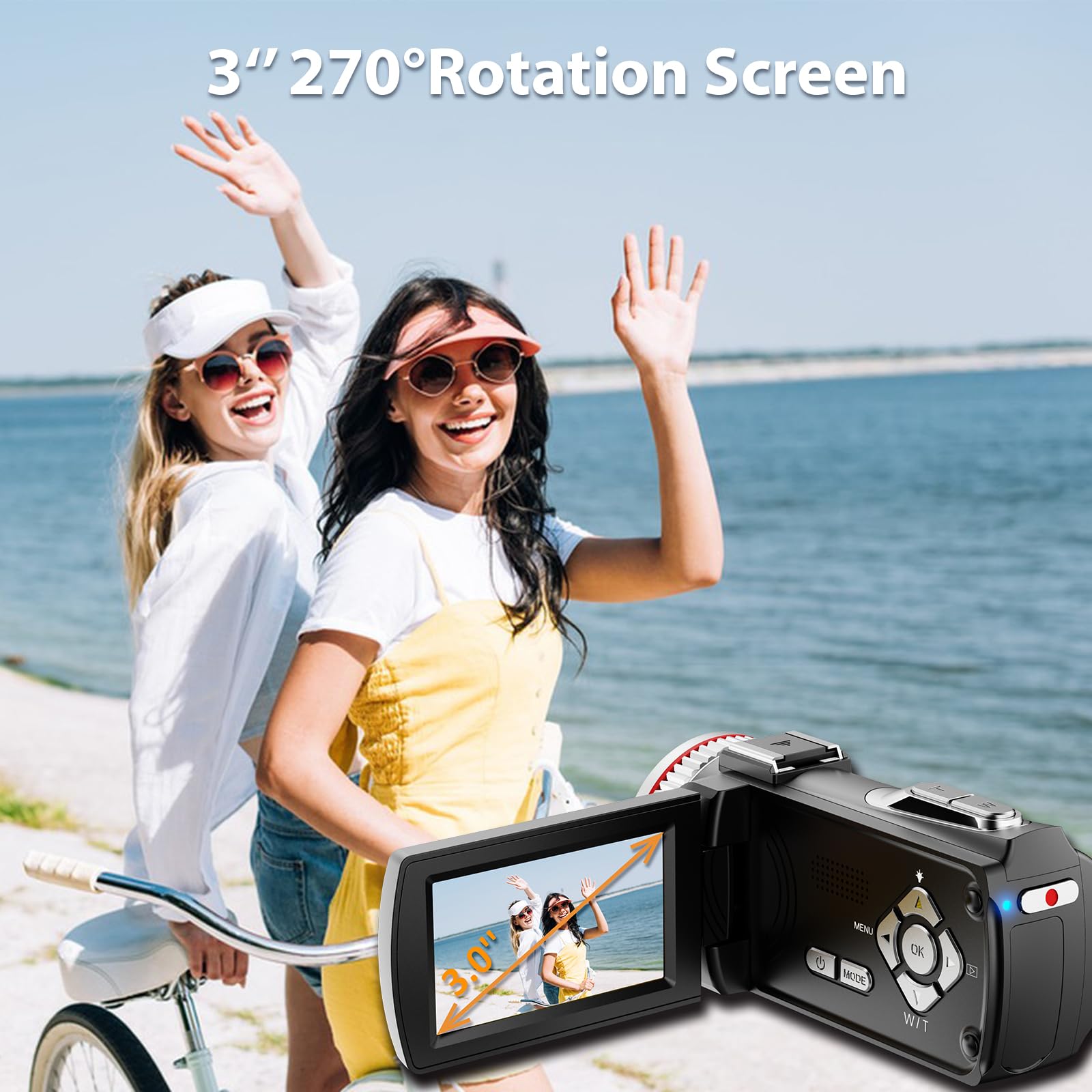 Cámara de Vídeo 4K 48MP Videocámara 21X Digital Zoom 3" 270° Giratoria Pantalla Cámara Vlog para Youtube, Camara Video con Cable HDMI, Micrófono, Control Remoto, 2 Baterías (32GB Videocámara)