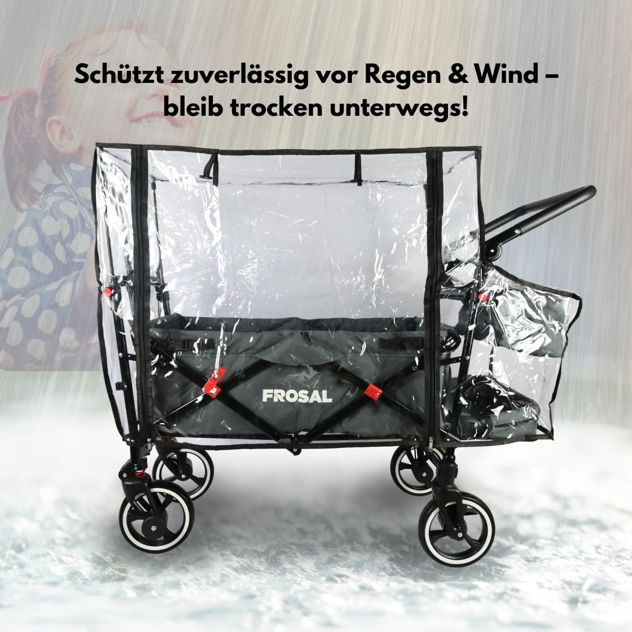 FROSAL Bollerwagen faltbar Paul Kinder klappbar mit Regenverdeck & Insektenschutz grau Regenschutz