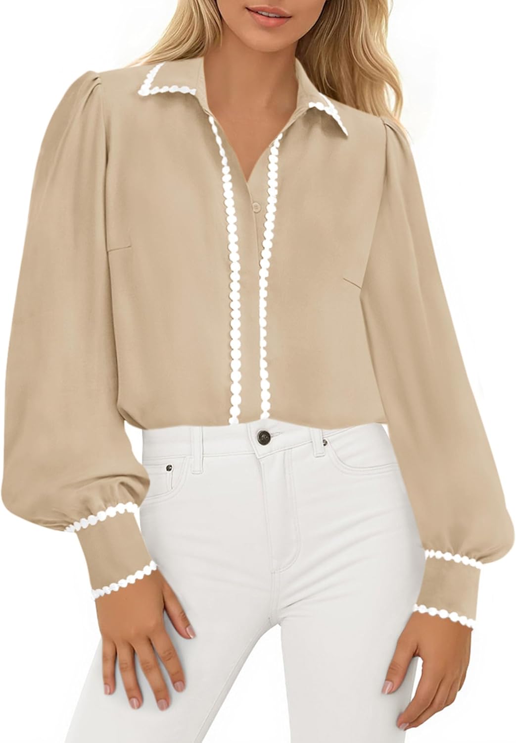 PRETTYGARDEN Womens Long Sleeve Button Down Shirts 2026 Trendy V Neck Loose Fit Fall Tops Collared Dressy Casual Blouses