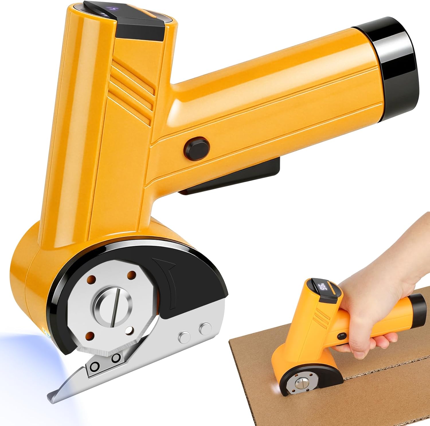 Cordless Electric Scissors, 4V USB Rechargeable Cardboard Cutter, Safety Lock & LED Light, 3 Blades, Box Cutter for Carton Carpet Plastic Fabric Leather, Ideal for DIYers, Artisans