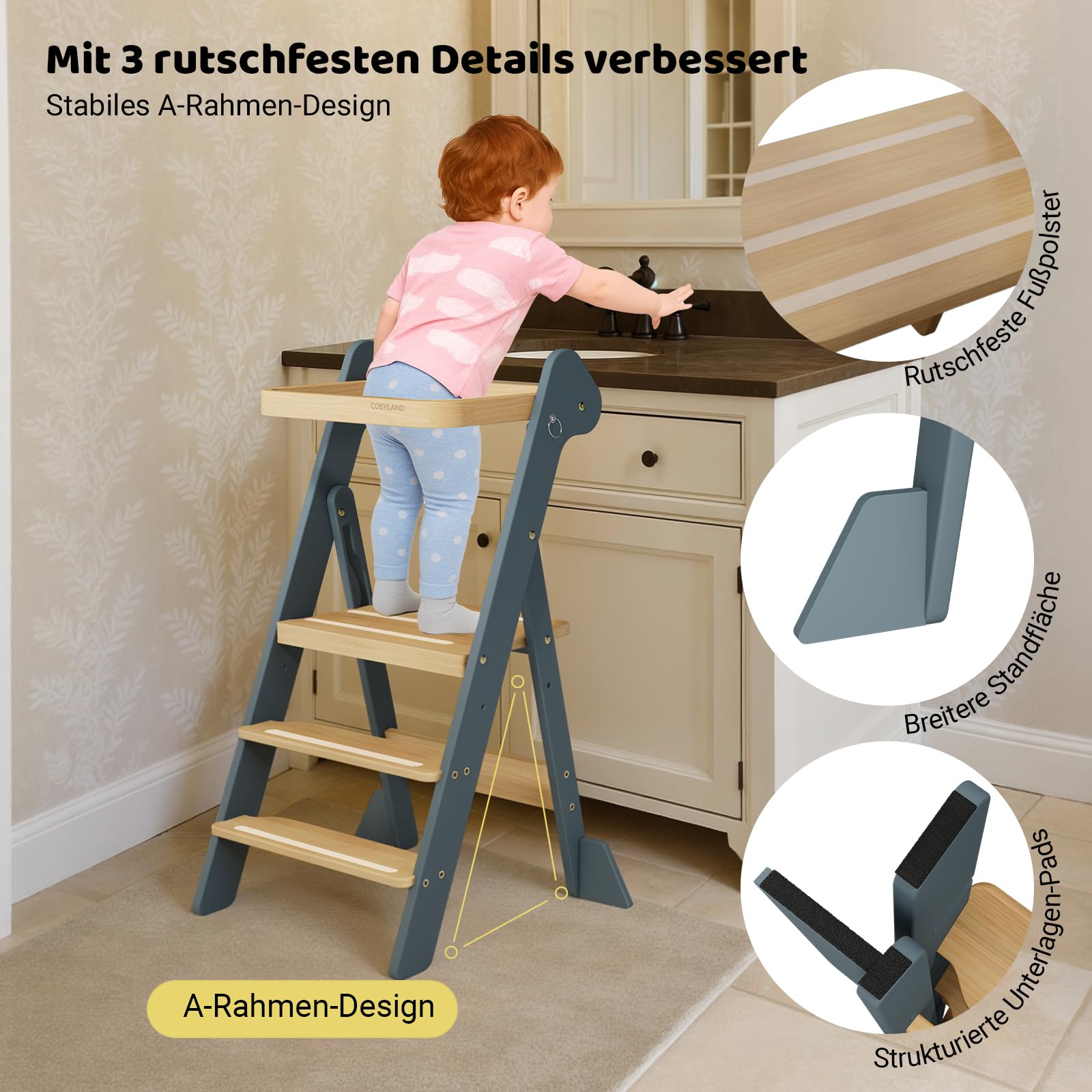 COSYLAND Lernturm ab 1 Jahr klappbar – iF Design Award Gewinner, höhenverstellbarer Lernturm mit Sicherheitsnetz, Montessori Learning Tower/Lernstuhl für Kinder, Holz (Schieferblau & Natur)