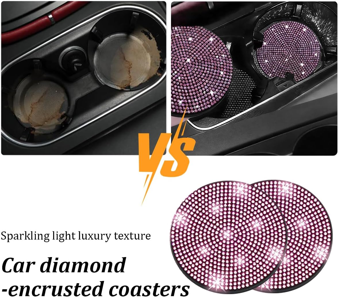 27PCS Bling Car Accessories Set for Women, 14.5-15" Rhinestone Steering Wheel Cover Cup Coaster, USB Charger Phone Holder Headrest Hook, Diamond Auto Interior Decor, Universal Fit (Pink)