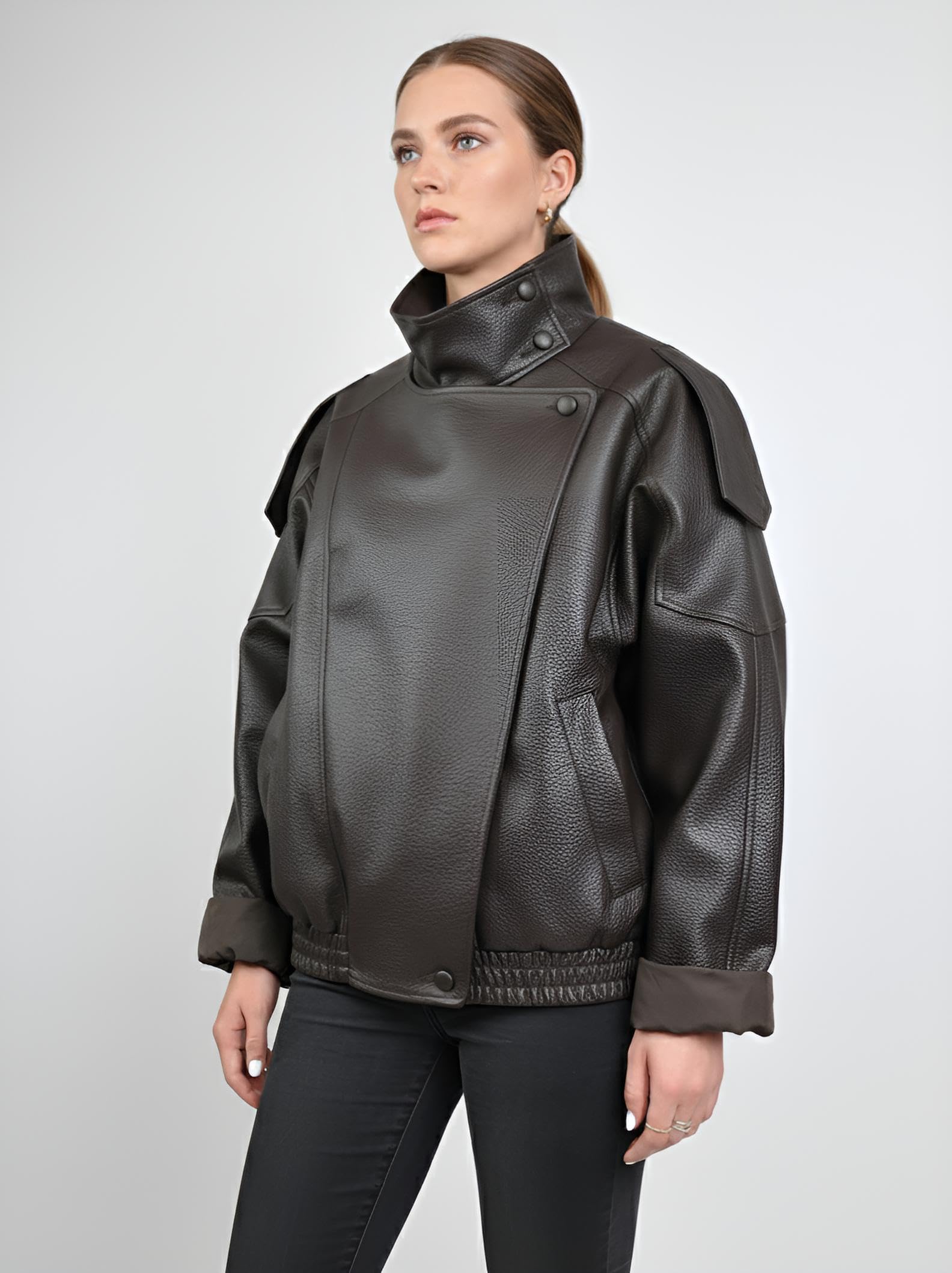 Blouson Biker Oversize en Similicuir Grainé, Col Montant, Style Perfecto