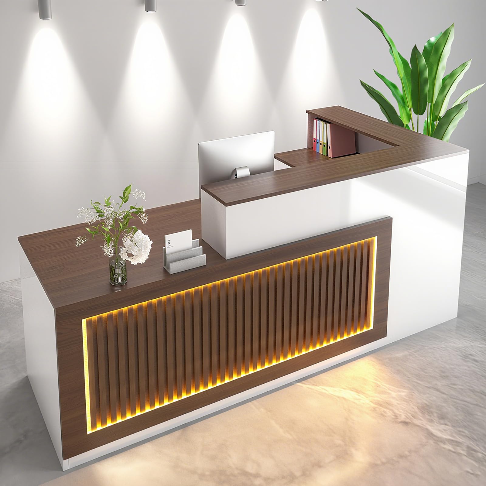 Scrivania da 160 cm a forma di L con finitura bianca e noce, 2 ripiani, in legno massello, capacità 453,6 kg, perfetta per ufficio e vendita al dettaglio