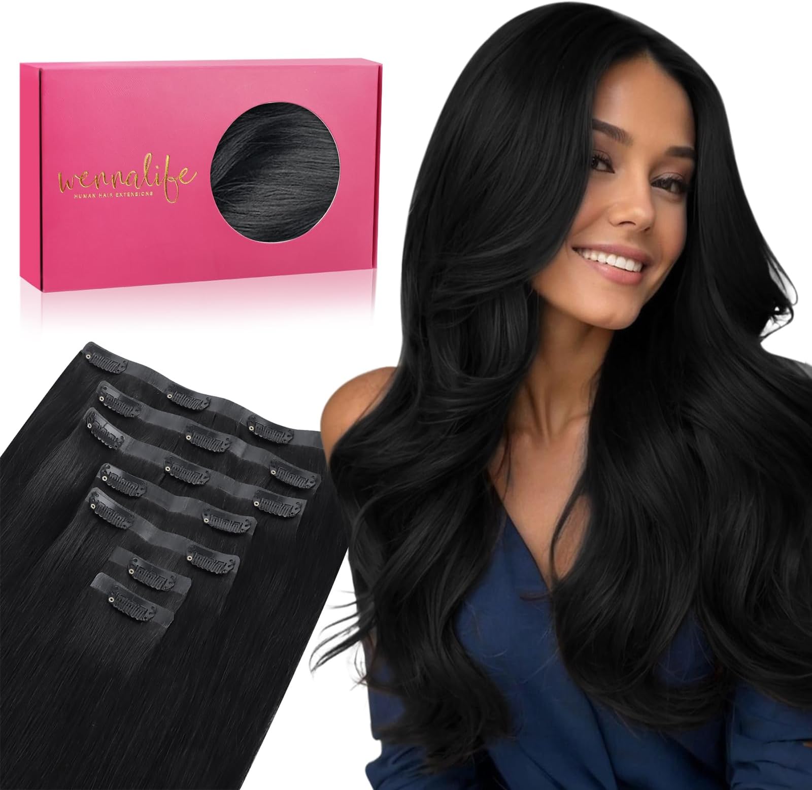 WENNALIFE Seamless Clip In Hair Extensions, 20 Inch 150g 7pcs Jet Black Hair Extensions Clip in Human Hair Invisible PU Skin Weft Natural Remy Human