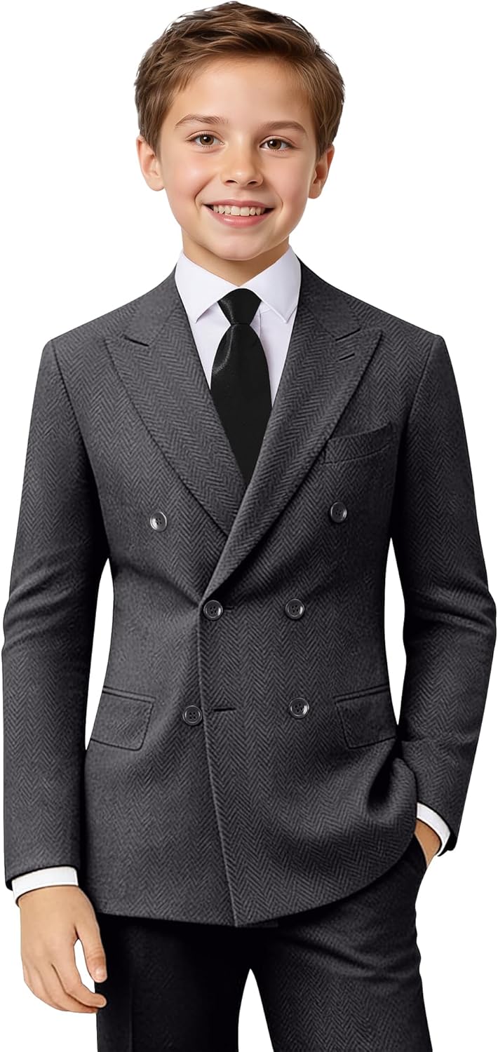 Boy Suits Tweed Herringbone 5 Piece Kid Suit Teen Double Breasted Tweed Suit Jacket Pants Set with Shirt Tie Bow Tie