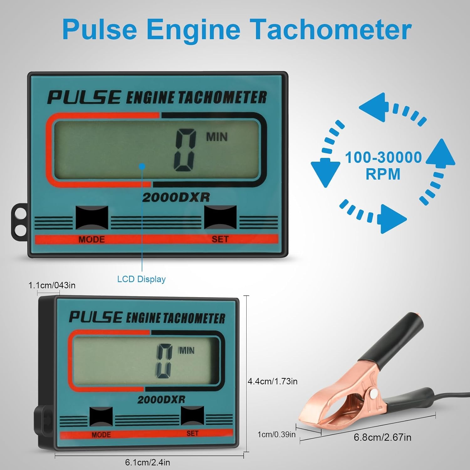 Compte-tours Numérique à Induction, Tachymètre LCD Précis avec Compteur d’Heures (jusqu’à 30.000 tr/min), pour Tronçonneuses, Tondeuses, Motos et Motoneiges