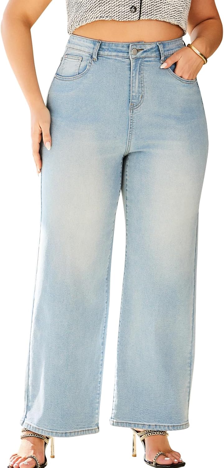 High Waisted Wide Leg Jeans for Women Plus Size Baggy Jeans Stretchy Straight Leg Denim Pants High Rise