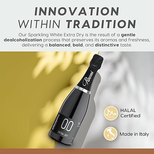 Miniatura 6 de Princess Bollicine Bianco Extra Dry - Vino espumoso de champán desalcoholizado al 0,0% sin alcohol de Italia, 25.4 fl oz, certificado Halal y vegano