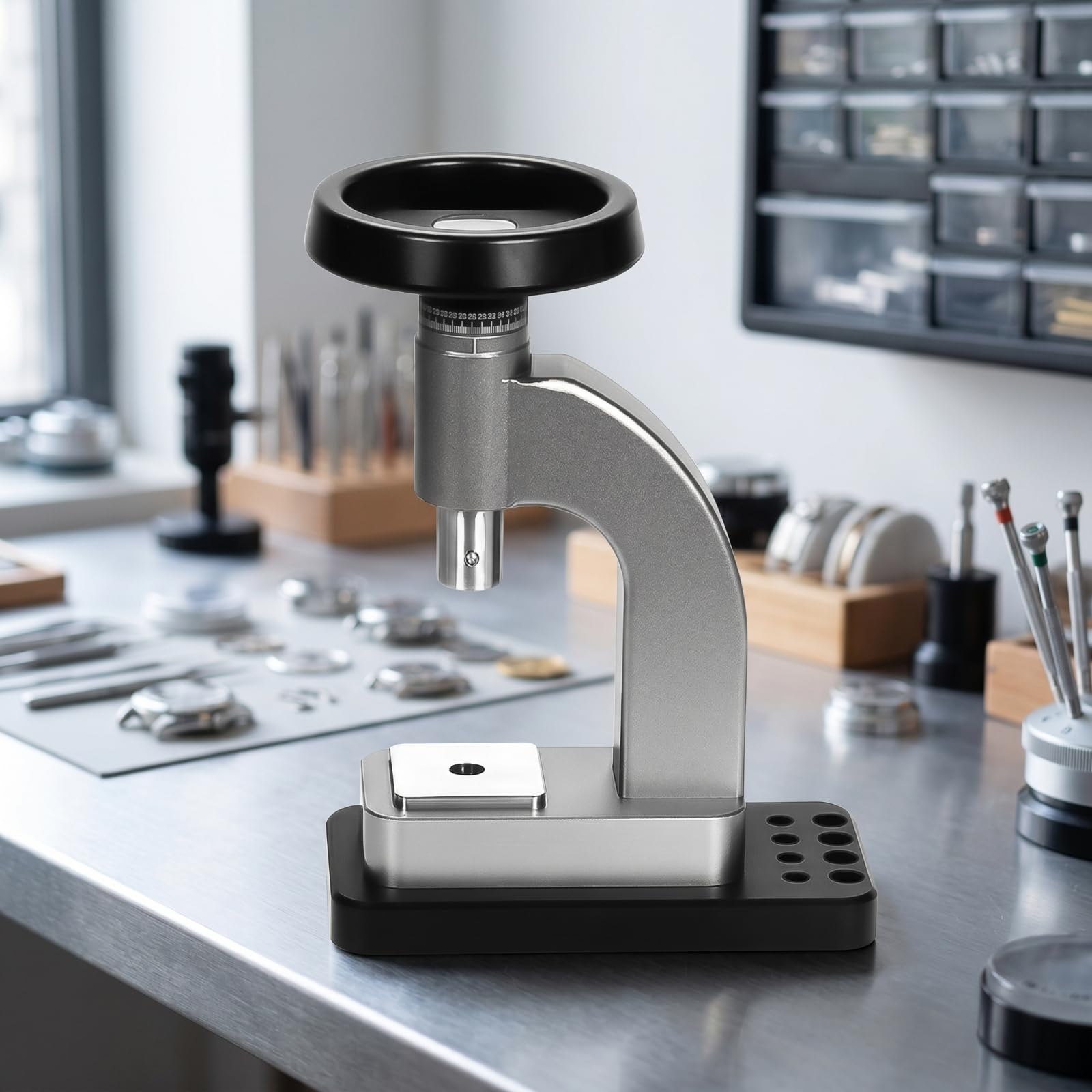 Pressa Riparazione Orologi Pressa Cassa Pressa Vetro Attrezzo Orologiaio Strumento Metallico con Base Stabile E Teste Intercambiabili Adatta per Banco Lavoro Casa Laboratorio, Verde