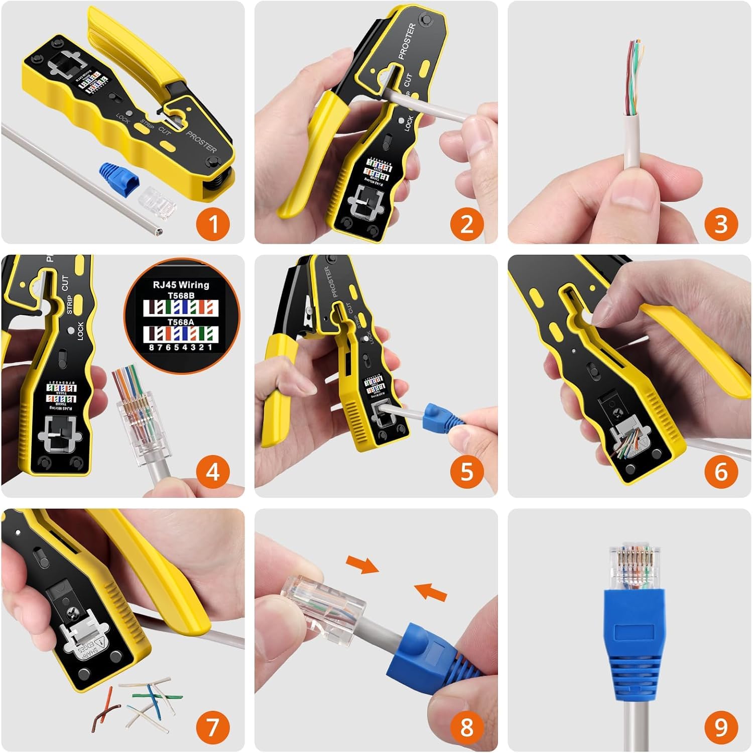 Proster Zestaw narzędzi do zaciskania RJ45 – zaciskacz przelotowy RJ45 do Cat6 Cat6a Cat5 Cat5e z 50 szt. złączami przelotowymi CAT6, 50 szt. pokrowców ochronnych Cat6, narzędzie do zaciskania
