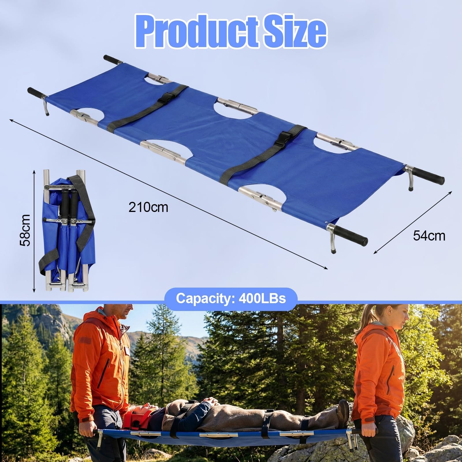 Camilla plegable portátil, Camilla médica de emergencia de Acero inoxidable de Alta resistencia, plegable en 4 secciones, con Tela Oxford, correas de seguridad y, Blue