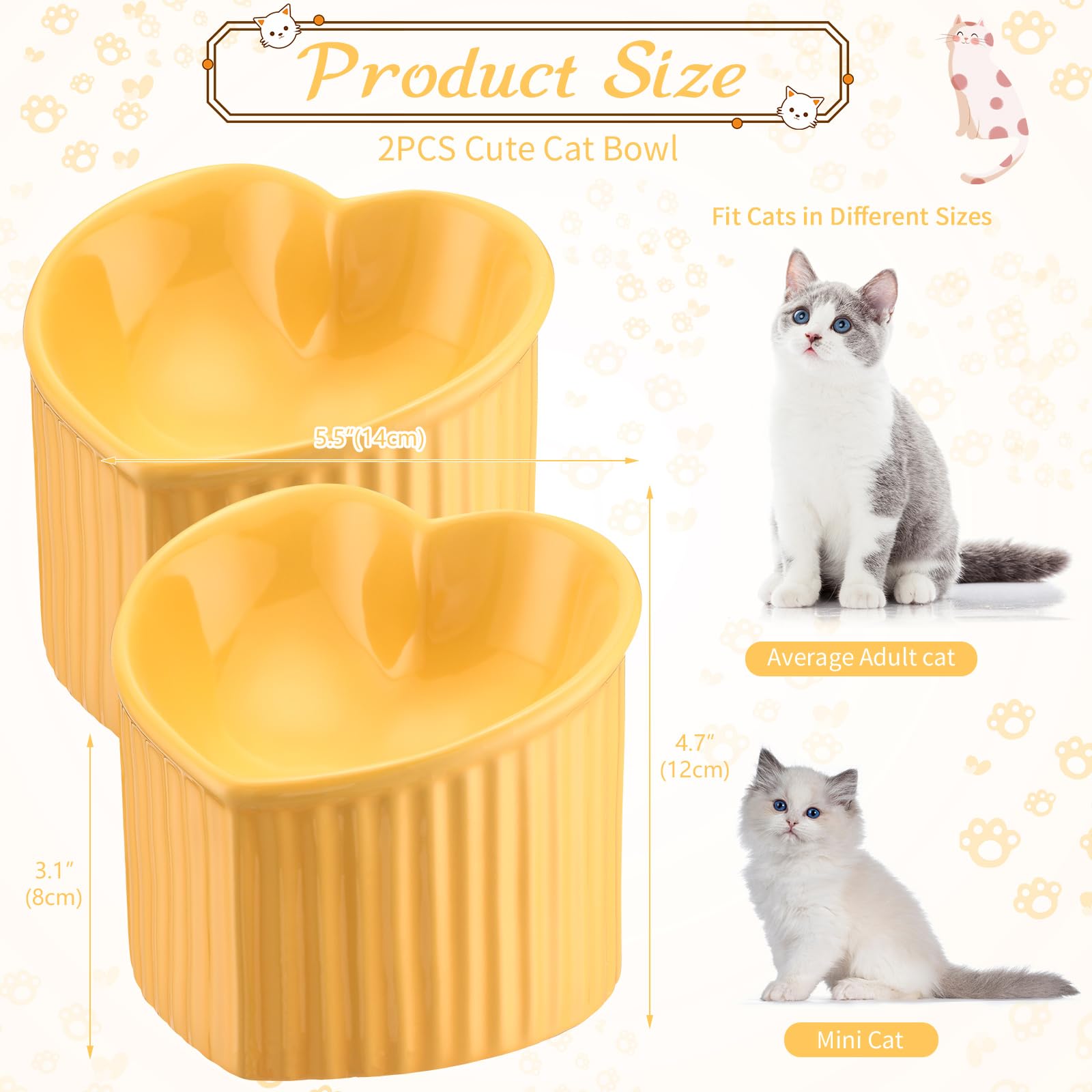 Mumufy Erhöhte Futternäpfe aus Keramik, geneigt, erhöht, verhindert Erbrechen, für den Innenbereich, stressfrei, Wassernapf für Welpen, herzförmig, Gelb, 2 Stück