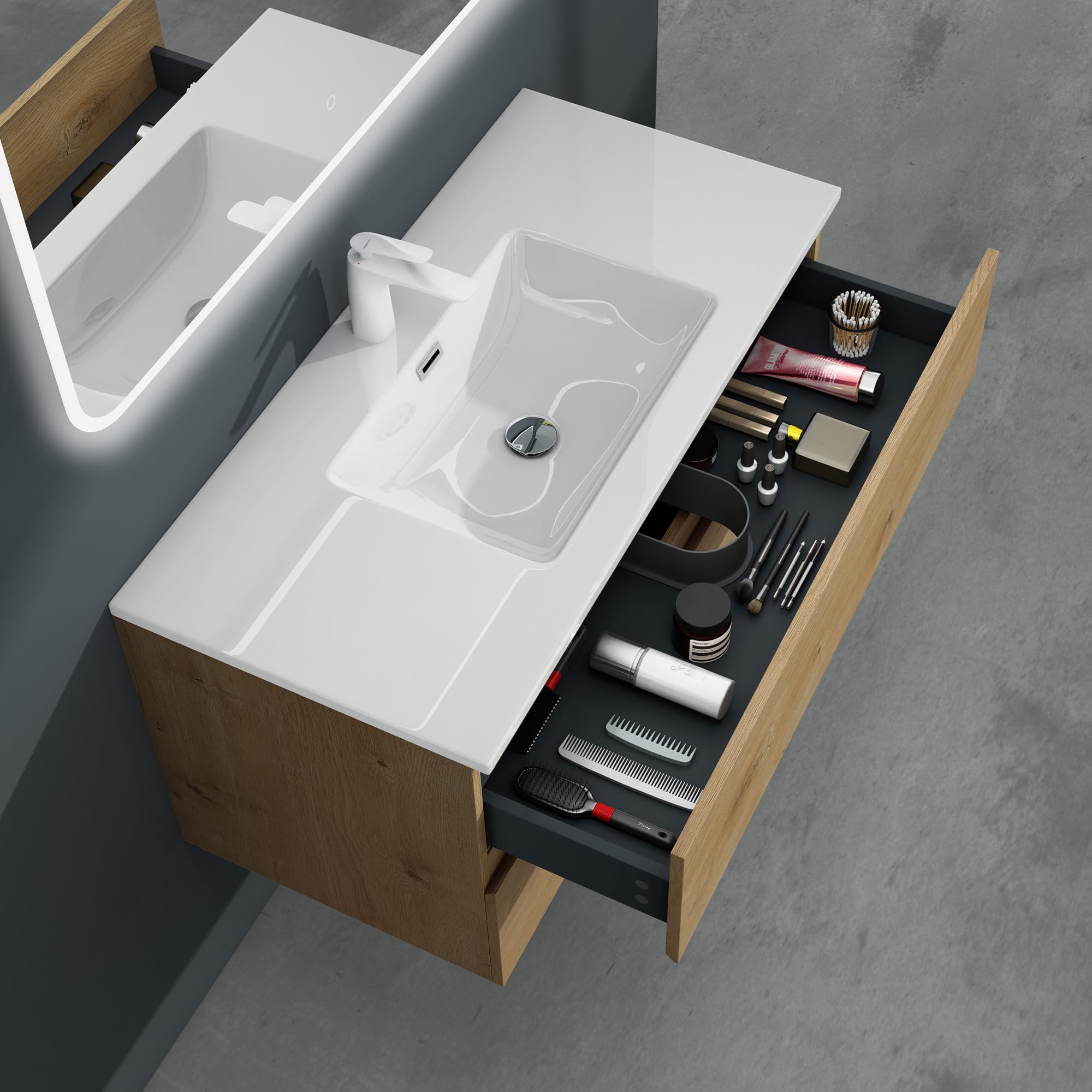 Mai & Mai Meuble sous Lavabo Marron Clair Ensemble de Meubles de Salle de Bains 80x48x50cm Meuble Suspendu avec 2 Tiroirs Desgin AQU