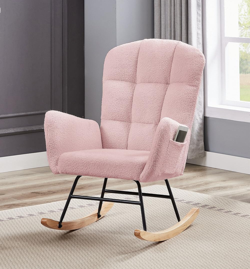 Nursery Rocking Chair,Upholstered Glider Chair with High Backrest Armchair Chair for Living Room Bedroom Offices (Pink Teddy)