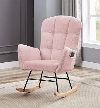hansones Nursery Rocking Chair,Upholstered Glider Chair with High Backrest Armchair Chair for Living Room Bedroom Offices Pink Teddy