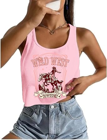 AMWIPE Western Crop Tops for Women Cowgirl Sleeveless Cropped Tank Tops Vintage Cowboy Country Concert Vest Shirts