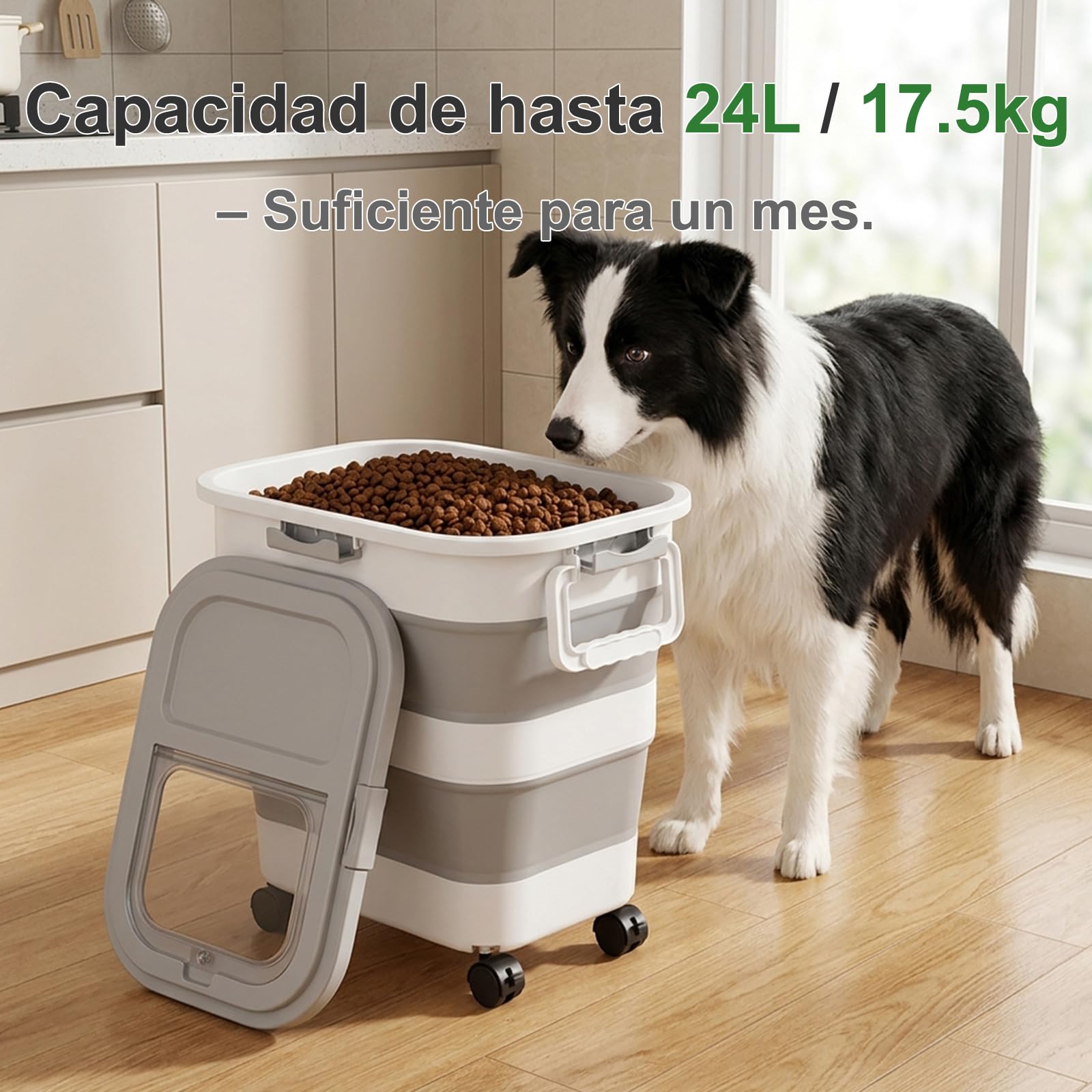 FUSHITON Gran Contenedor de Comida para Perros Plegable con Ruedas 24L/17,5kg – Recipiente Hermético para Pienso con Clip y Junta de Silicona, Incl. Pala + Taza Medidora 1000ml, Plegable Gris