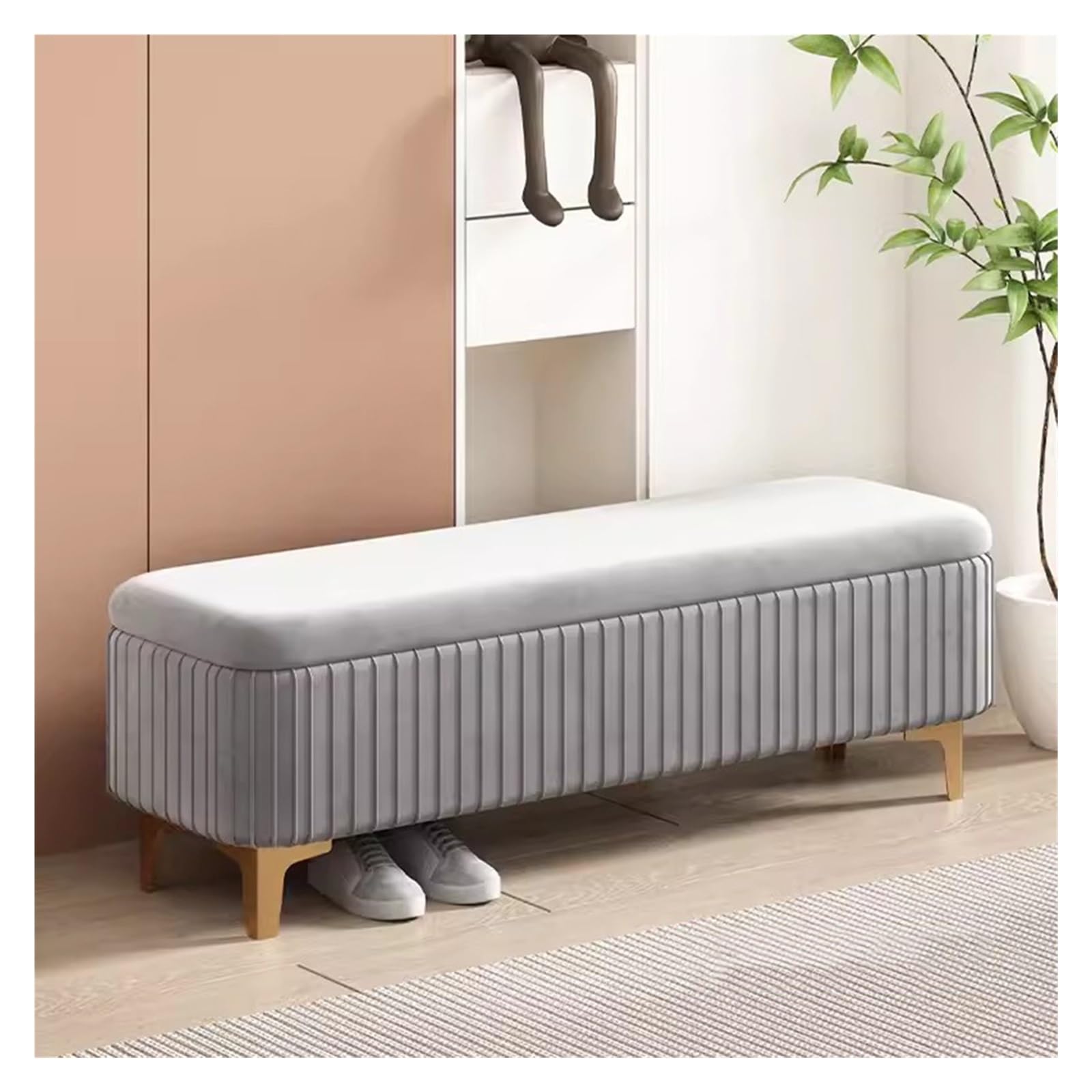 WDSOPK Velvet Ottoman Storage Bench Upholstered Bench with Gold Legs,Upholstered Footstool for Entryway Living Room Dining Room,Rectangle Storage Chest（Grey-80CM）