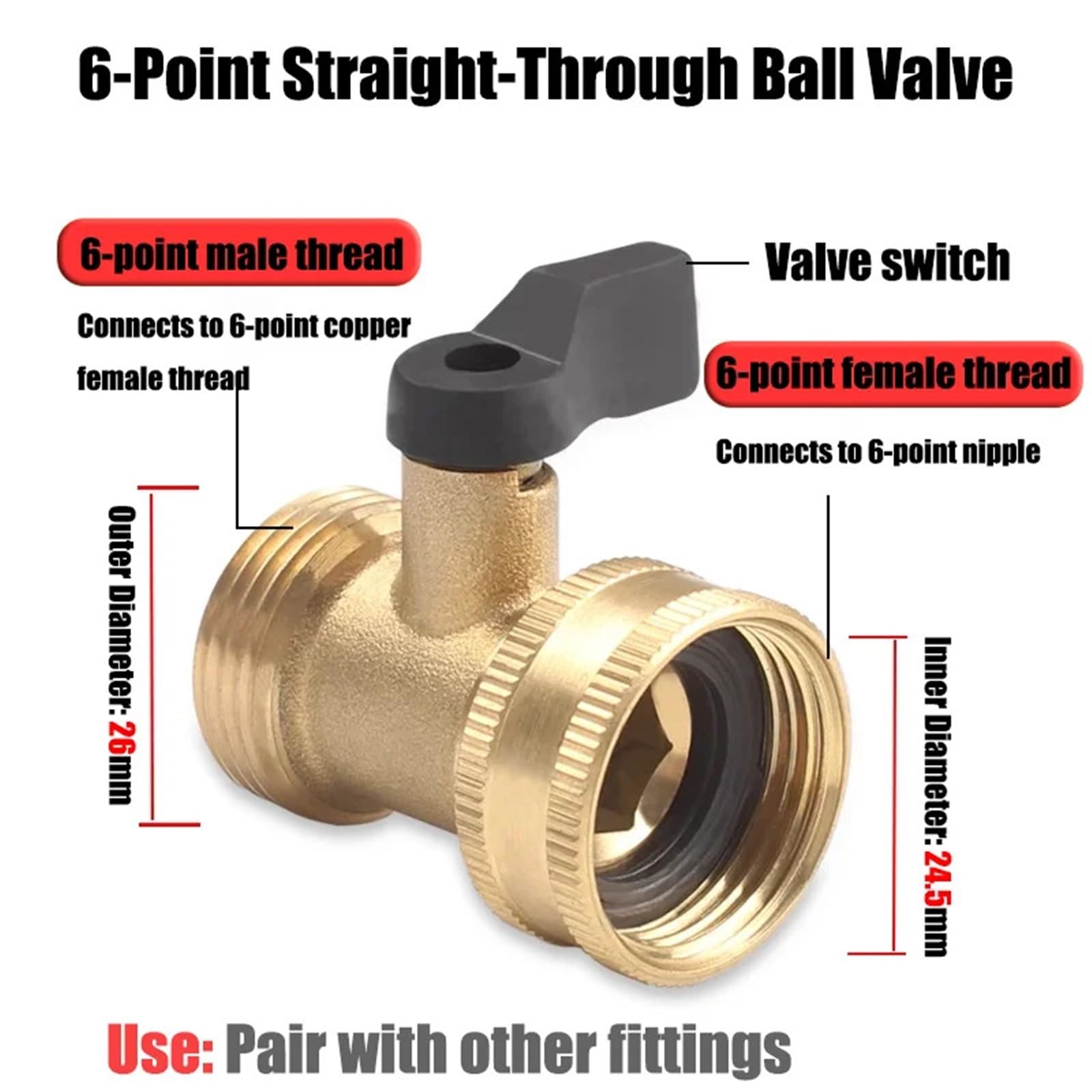 Válvula de bola de latón de 3/4 pulgadas, conector rápido, flujo bidireccional para lavado de coches y mangueras de jardín, a prueba de fugas con juntas de goma (B)
