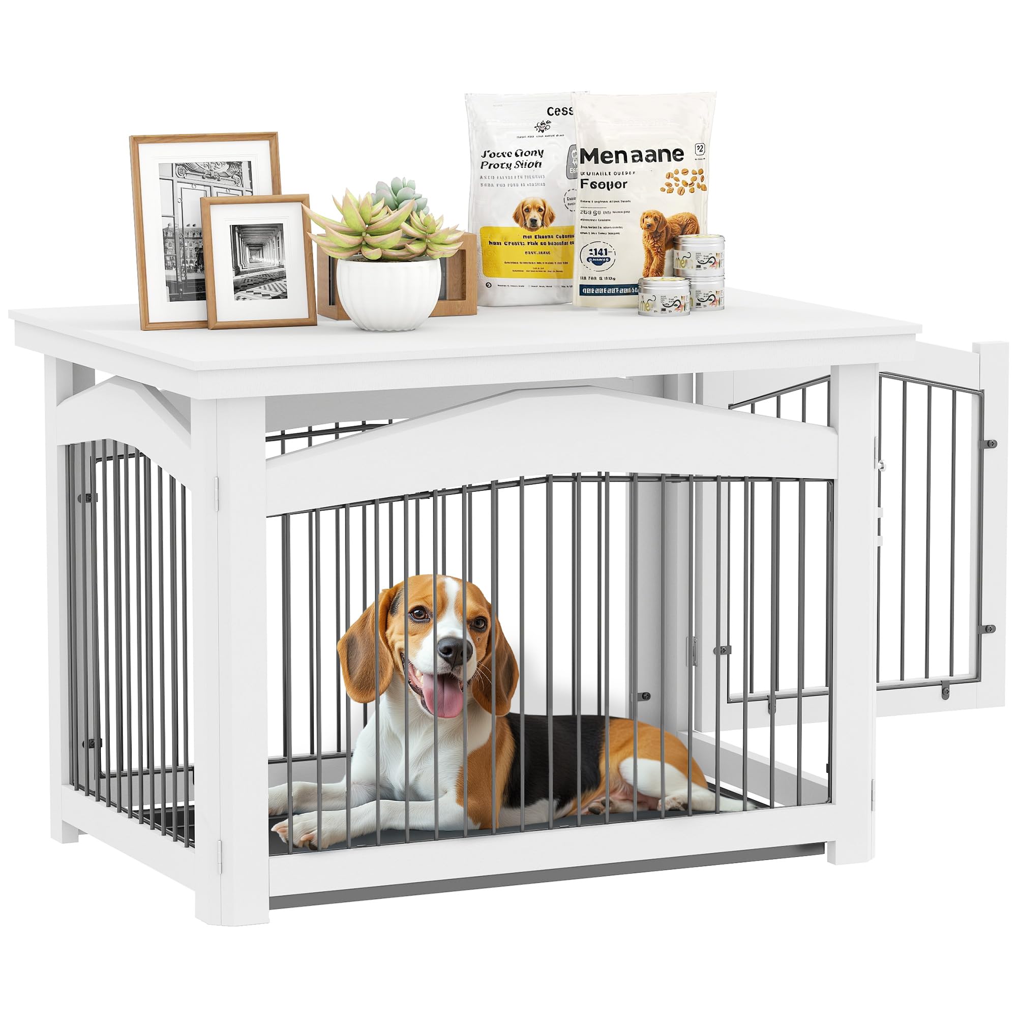 PawHut Jaula para Perros Medianos 3 en 1 Mesa Auxiliar Barrera para Perros con Puerta con Pestillo Tapa Superior Desmontable y Bandeja Extraíble 82,5x57,5x59,5 cm Blanco