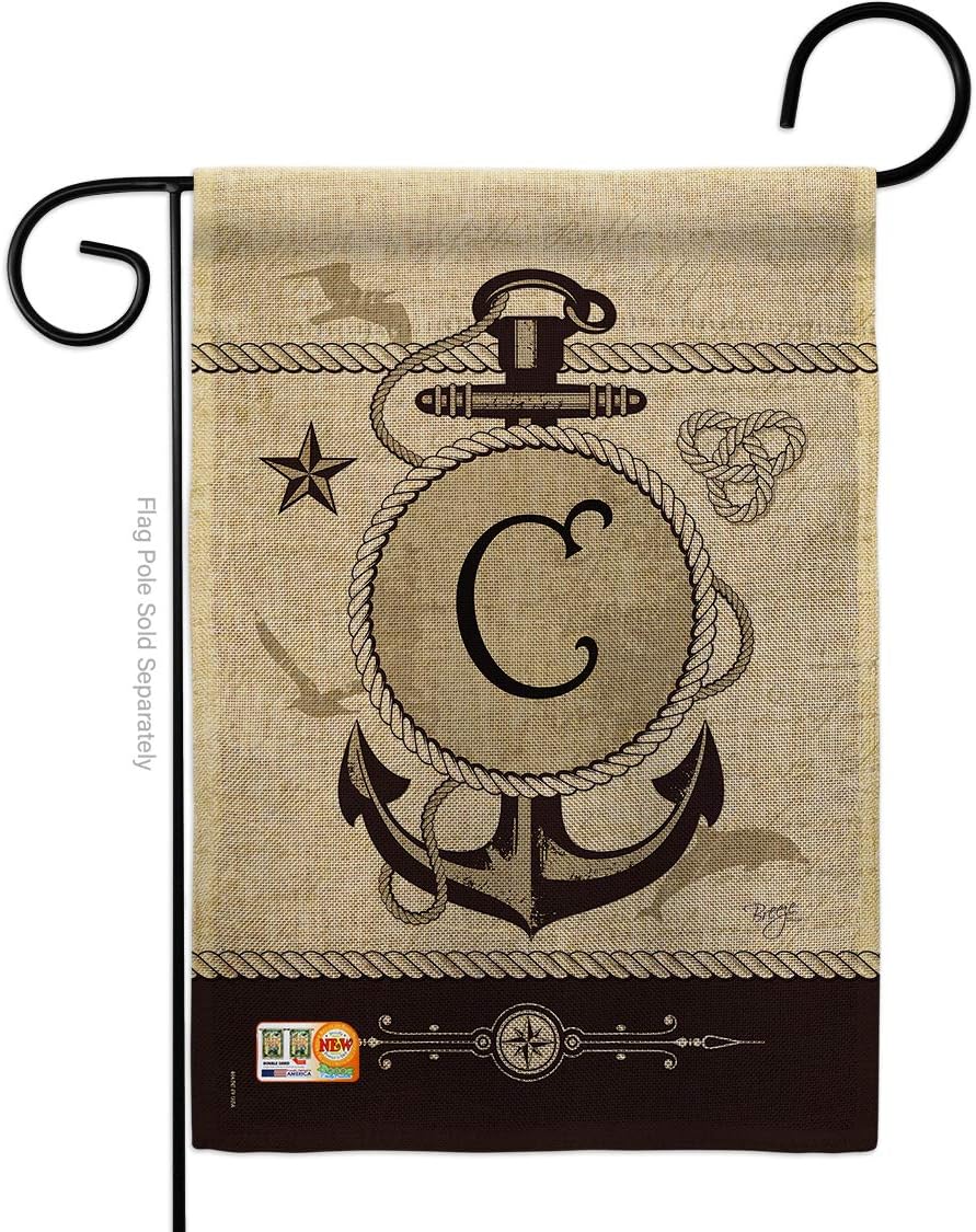 Nautical C Initial Garden Flag Set Wall Holder Monogram Coastal Anchor Sailor Sea Shells Outdoor Summer Ocean Small Decorative Gift Yard House Banner Double-Sided Made In USA 13 X 18.5