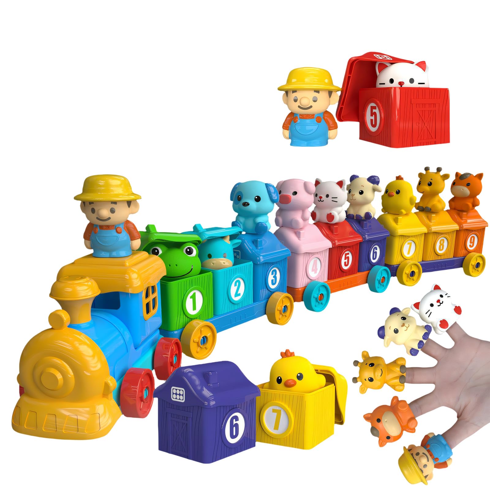 Trenino Giocattolo a Tema Fattoria con Numeri e Gioco smistamento Animali, burattino da Dito per Bambini, immaginazione, Gioco apprendimento precoce della Matematica