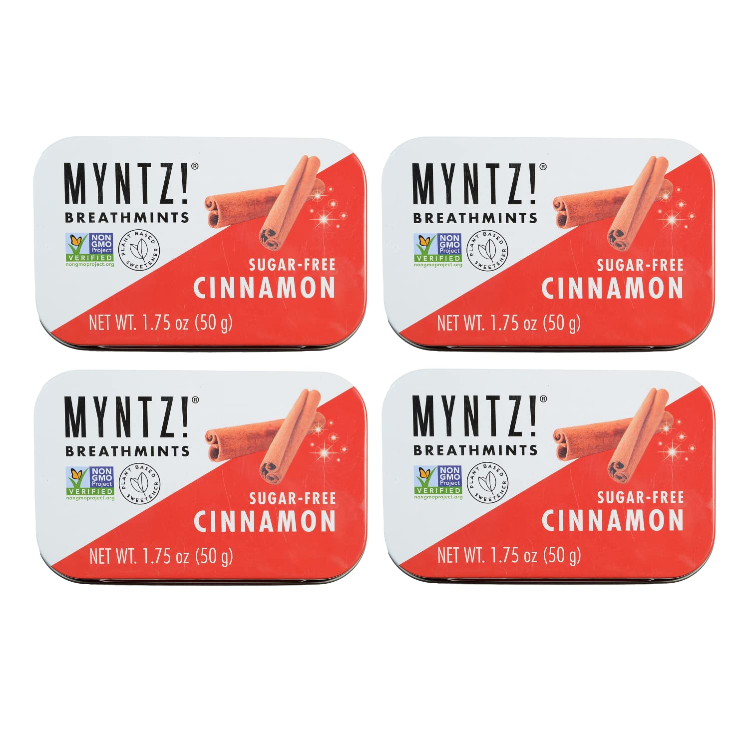 Myntz Sugar Free Mints in a Tin | Cinnamon 4 Pack | Breath Mints for Bad Breath | Bulk Mints in a Tin | No Sugar, No Fat | Gluten Free