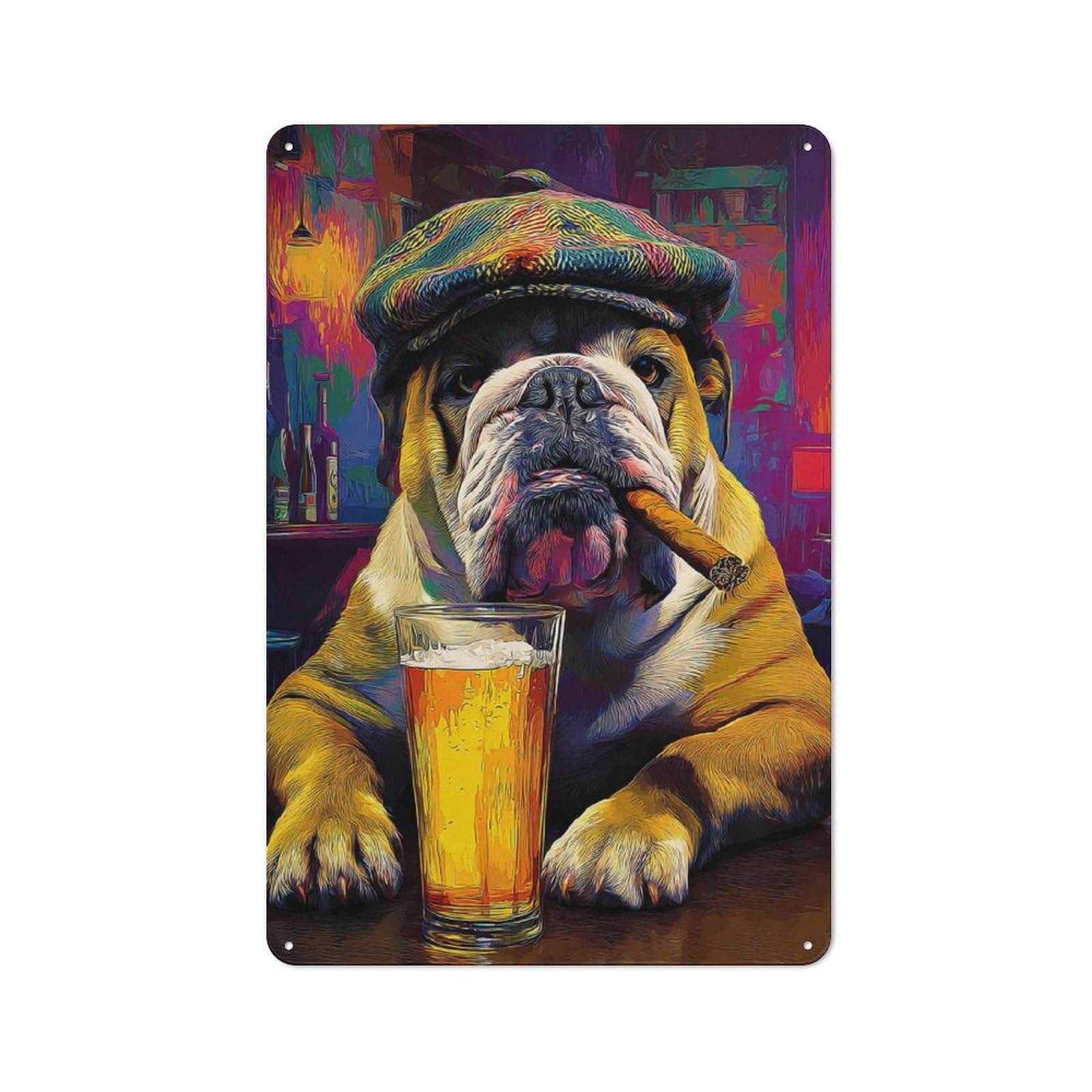 Junmoney Chill Bulldog With Beer And Cigar Retro Metal Plaque 30X20cm For Studio Or Craft Room, For Vintage Wall Decor Fans, For Kitchen And Home Bar Decor