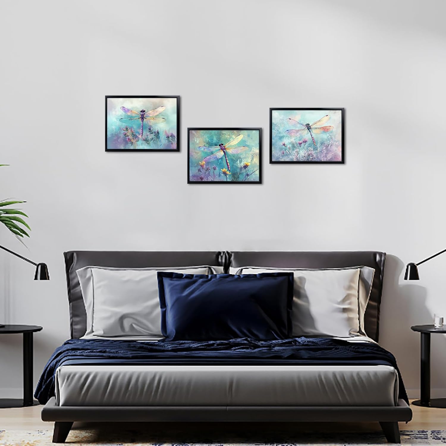 seteuret Dragonfly Wall Art, Flower Pictures Wall Decor - Blue and Purple Nature Home Decor for Bedroom Bathroom Living Room,12"x16", 3Pcs