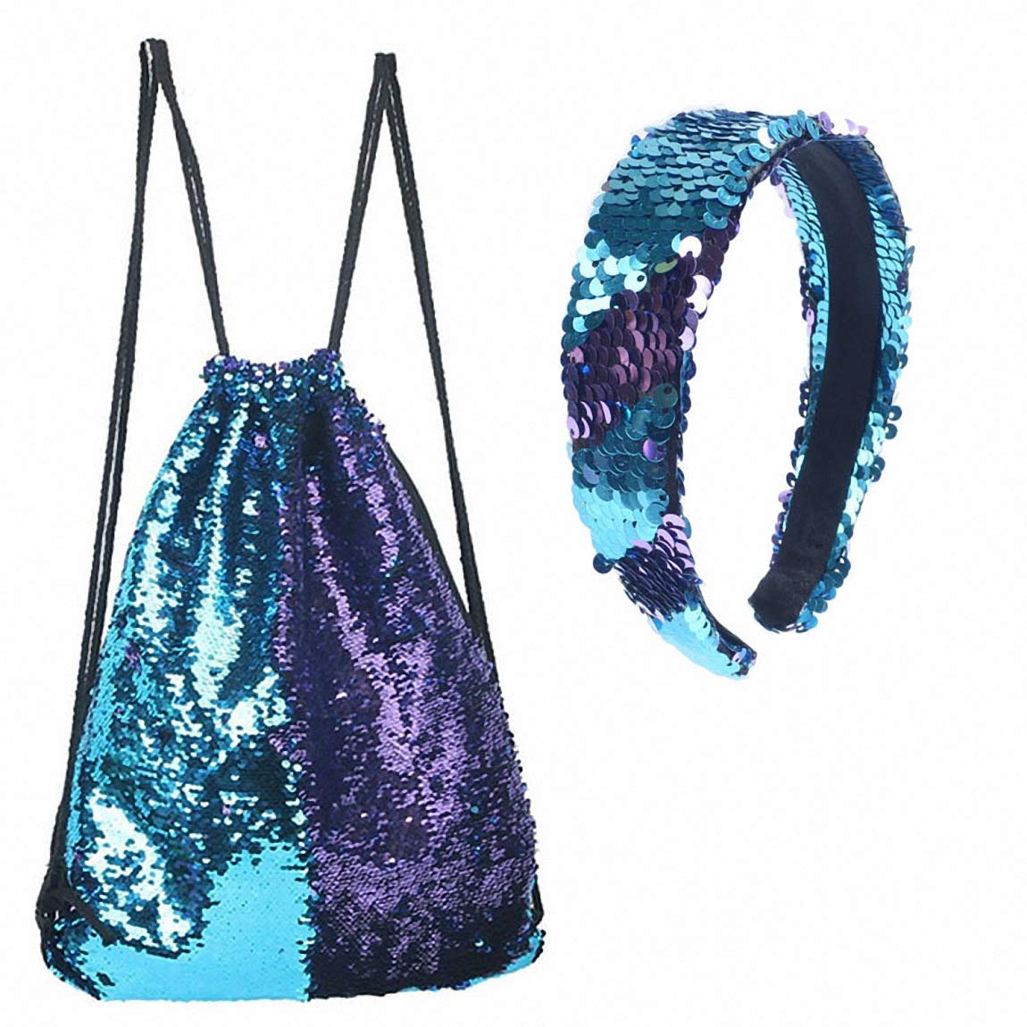 Ulalaza Mermaid Sequin Change Reversible Glitter Coin Purse Drawstring Backpack Waist Bag Magic Set with Bracelet Necklace
