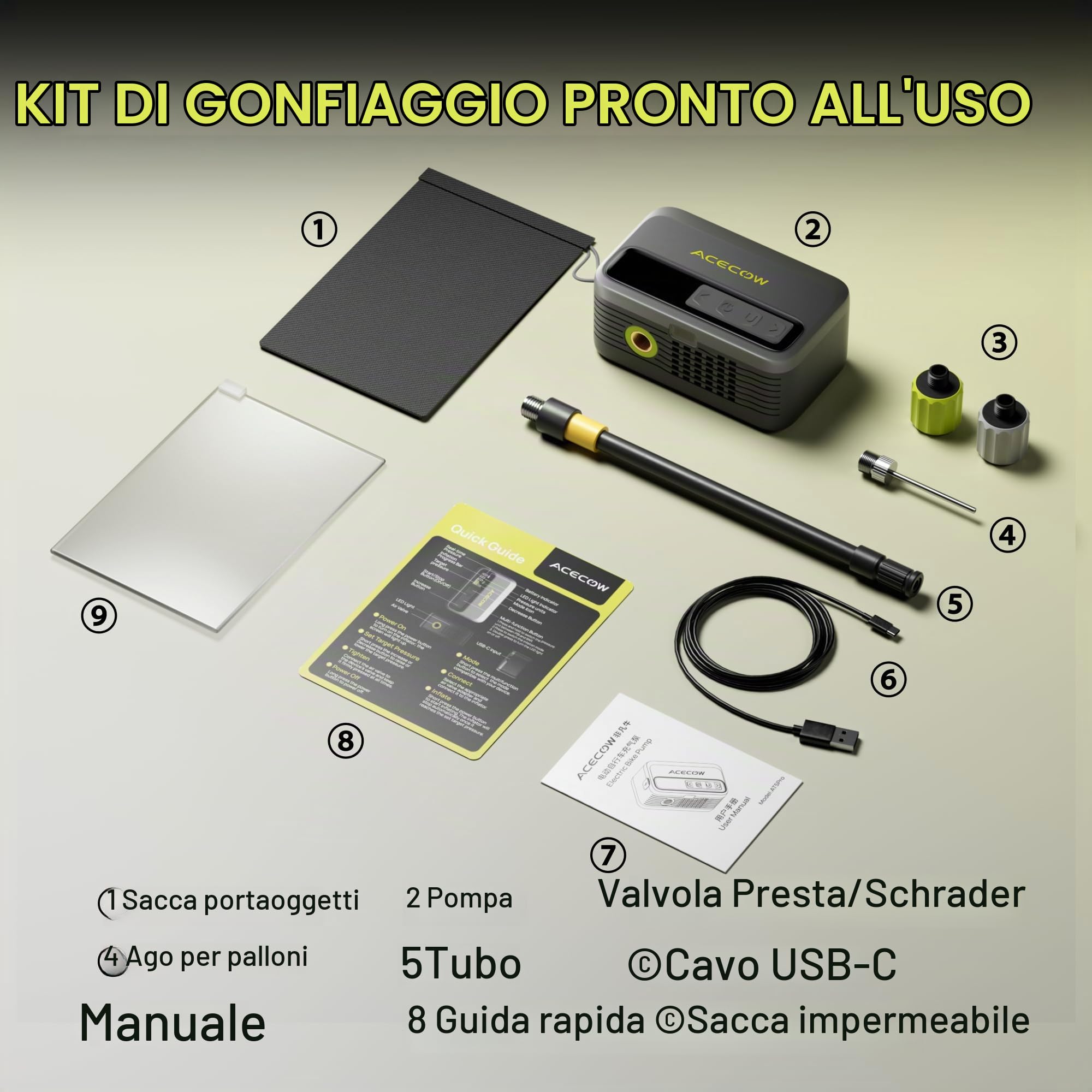 AT5Pro Pompa elettrica mini per biciclette, 120 PSI (8,3 Bar), gonfiaggio 30% più veloce con sensore digitale, arresto automatico, protezione da surriscaldamento per strada/MTB/e-bike/palloni