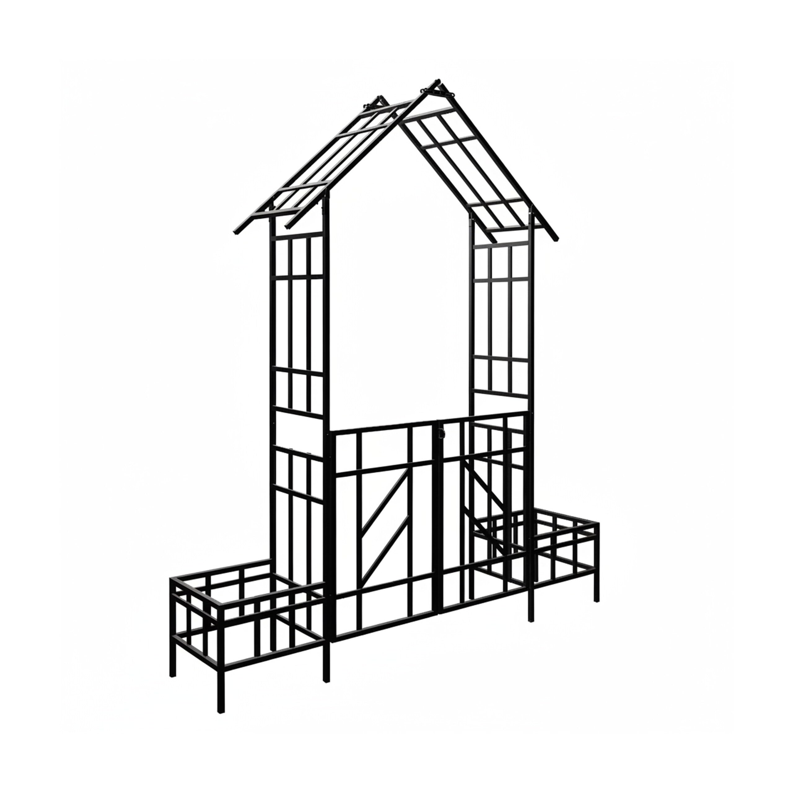 Relaxdays Rosenbogen mit Tor, 2 Pflanzeinfassungen, Vorgarten & Garten, Torbogen HBT: 247 x 204 x 43 cm, Metall, schwarz