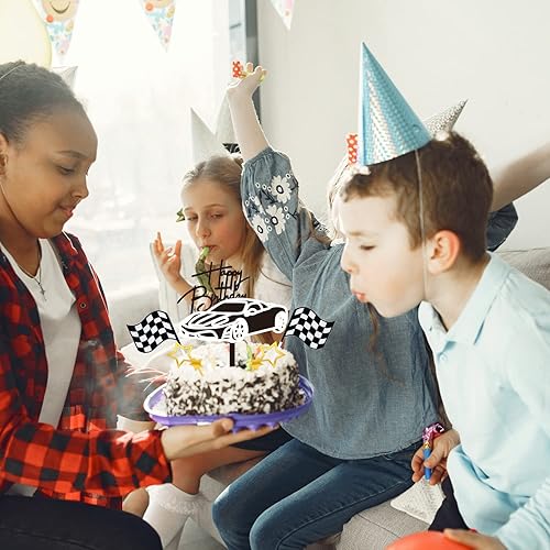 Miniatura 4 de Weenkeey 5 piezas de acrílico para pastel de auto de carreras, decoración de pastel de feliz cumpleaños, decoración de cupcakes con banderas a