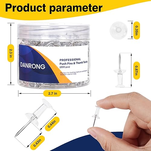 Miniatura 2 de DANRONG 800 pines transparentes, tamaño estándar, tachuelas para el pulgar para tablón de anuncios, tablero de corcho, pared, mapas, accesorios