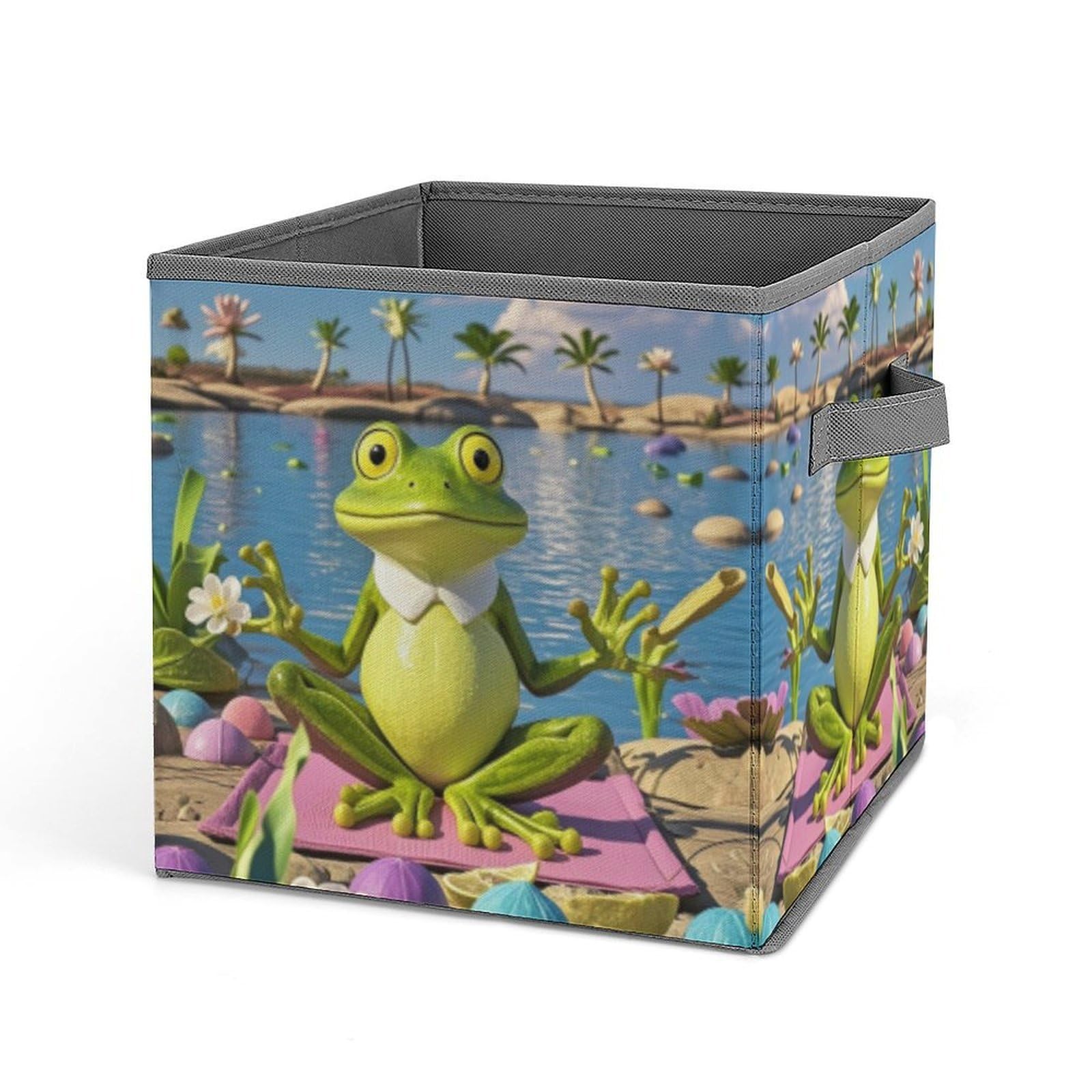 FekiLoot Funny Yoga Frog Folding Storage Bins with Handles Large Fabric Storage Cube Storage Organizer Heavy Duty Closet Organizer Sturdy Collapsible Bin Foldable Baskets