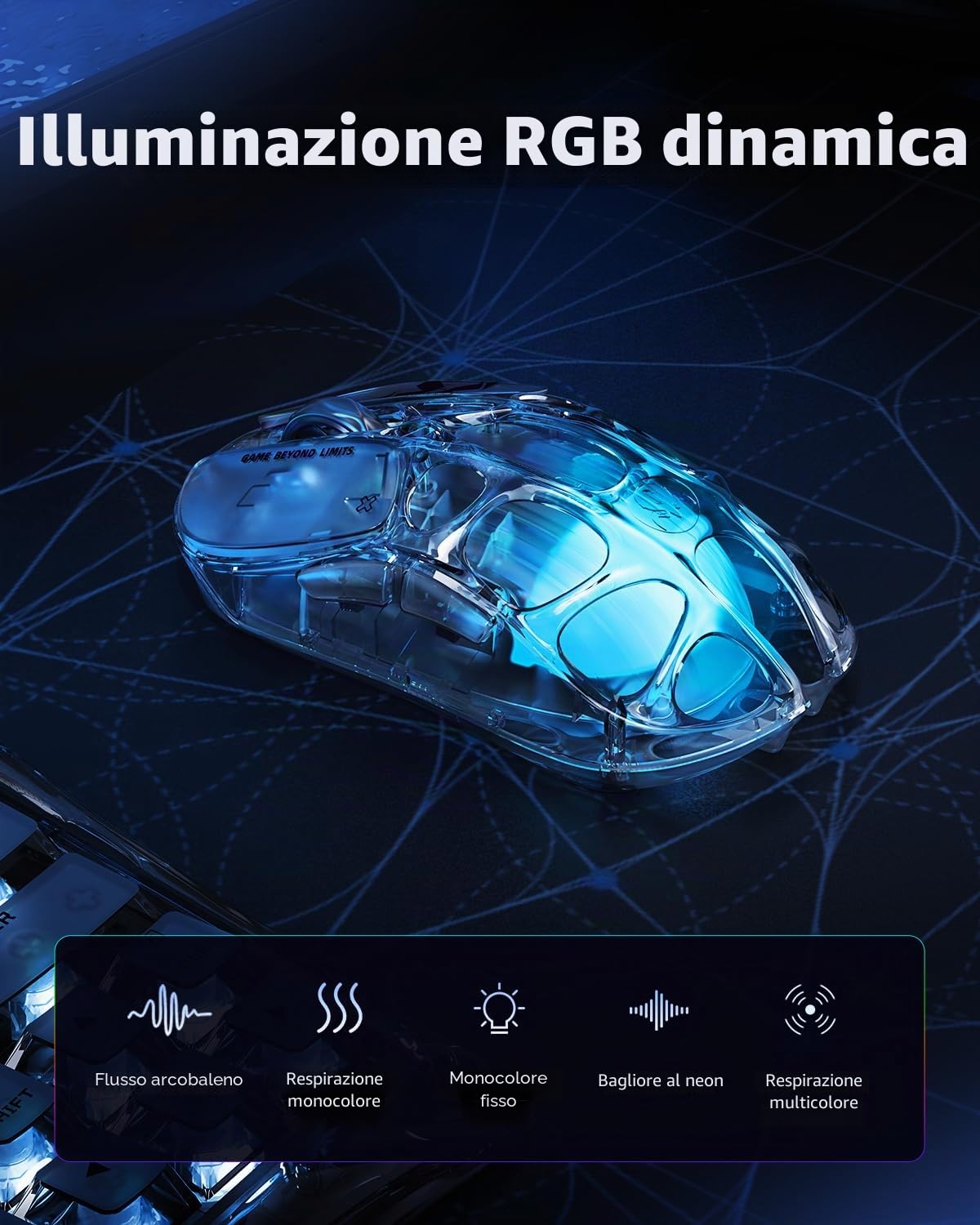 GravaStar Mercury X Air Mouse Gaming Wireless Ultraleggero 56g, Sensore PAW3950 32.000 DPI, Ricevitore 8K, Bluetooth/2,4 GHz/Cablato, Illuminazione RGB, Mouse Gamer per PC e Portatile