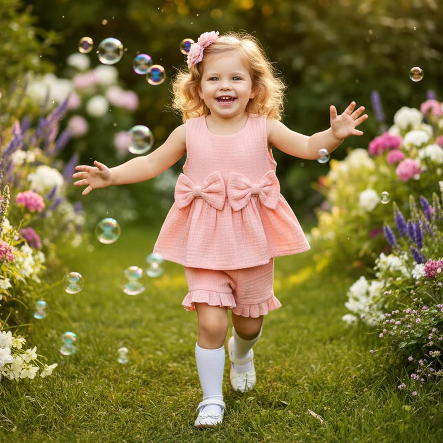 Kupretty Toddler Baby Girl Clothes Summer Linen Outfit Bows Ruffle Vest Shirts + Ruffled Short Set 12 18 24 Month 2T 3T - Image 2