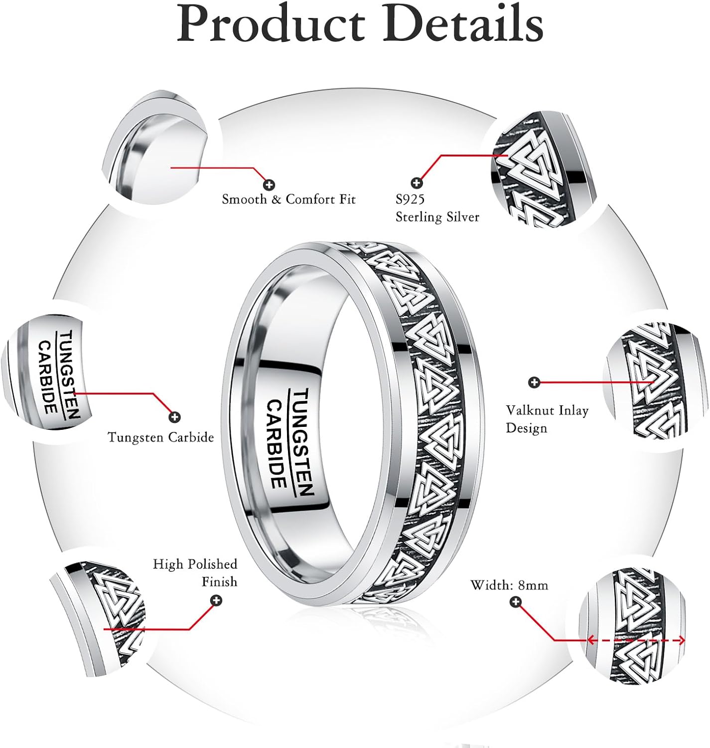 NUNCAD Mens Rings Sterling Silver Valknut Tungsten Wedding Band Beveled Edge Comfort Fit Gifts for Men Size 8-12 - Image 6