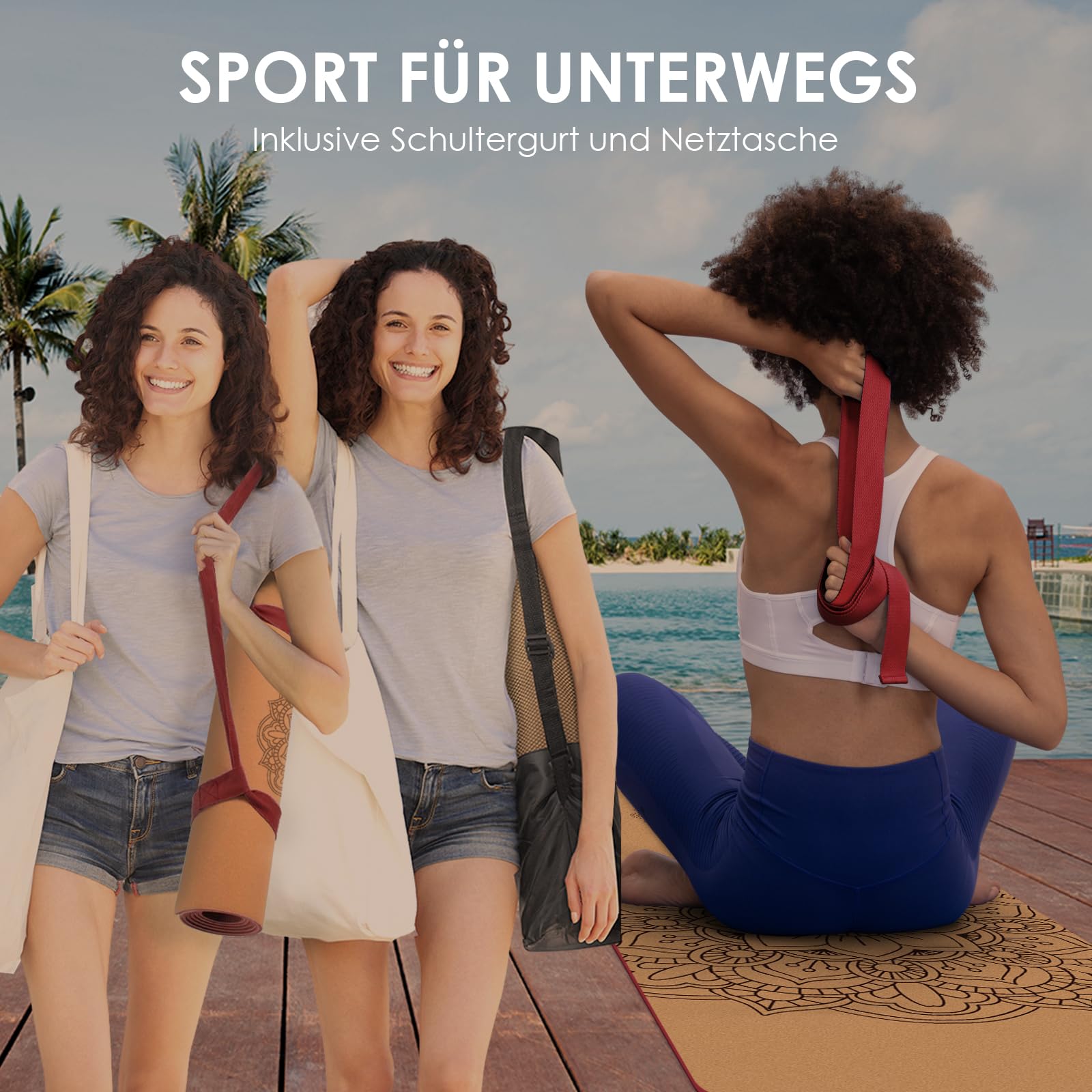 Yogamatte Kork – Rutschfeste Yoga Matte, Einzigartiges Design, Naturkautschuk TPE Gymnastikmatte, Trainingsmatte mit Tragetasche & Gurt, für Zuhause, Pilates, Aerobic Fitnessstudio und Workout