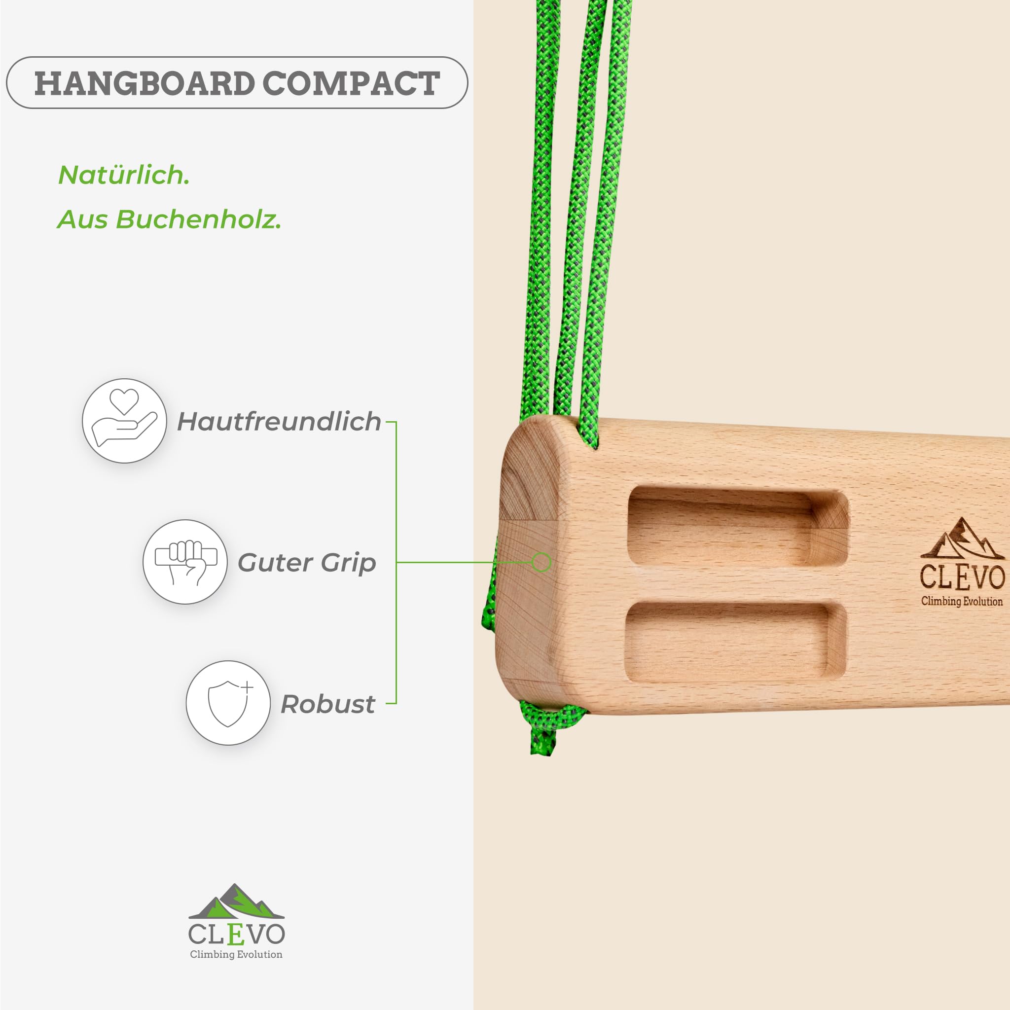 CLEVO - Hangboard Compact für Fingerkraft Training – Tragbares Fingerboard Holz – Kompaktes Kletterboard für Bouldern & Klettern unterwegs – Trainingsboard mit Seilaufhängung & Griffdesign