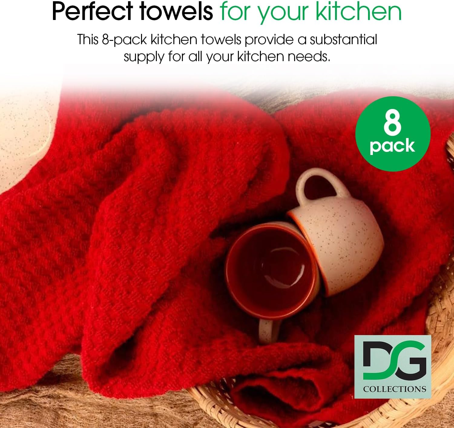 DG Collections Terry Dish Towels, 100% Cotton Kitchen Towels, Set of 8 (15x25 inch) Hand Towels - 400 GSM, Absorbent Terry Cloth Dish Towels for Kitchen, Soft Tea Towels - Red Color - Image 2