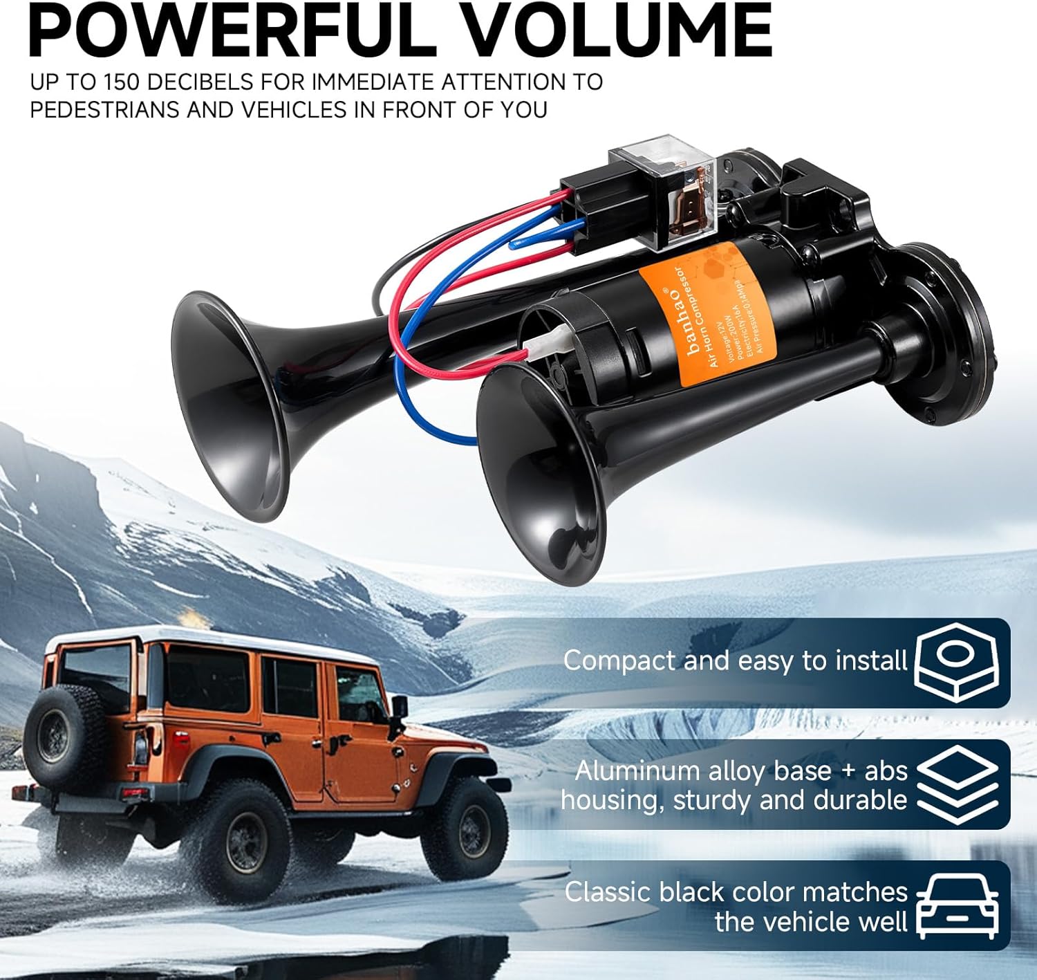 Car Horn 12V Universal Air Horns for Train Truck 150dB Super Loud Dual Trumpets With Compressor kit for Any 12V Vehicles