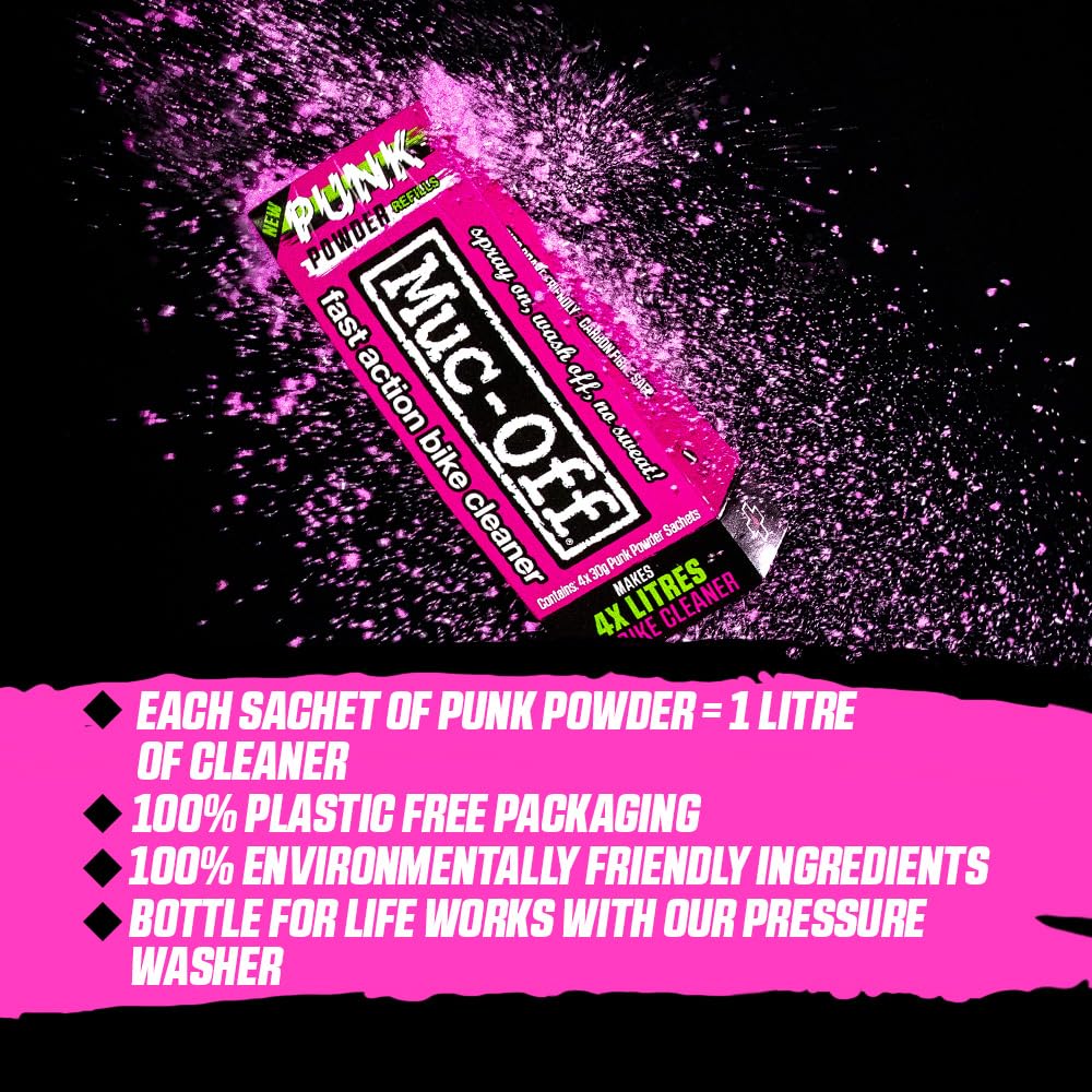 Muc-Off Punk Powder & Bottle for Life Bundel – 4 Packungen Biologisch Abbaubares, Plastikfreies Fahrradreinigerpulver mit Wiederverwendbarer Aluminium-Nachfüllflasche