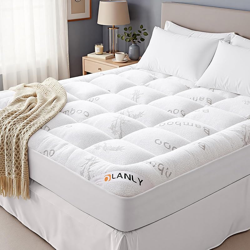 OLANLY California King Bamboo Viscose Cooling Mattress Topper, White | Soft Quilted Comfort, Pillow Top Mattress Pad, Plush Down Alternative Fill, Machine Washable, Deep Pocket Design