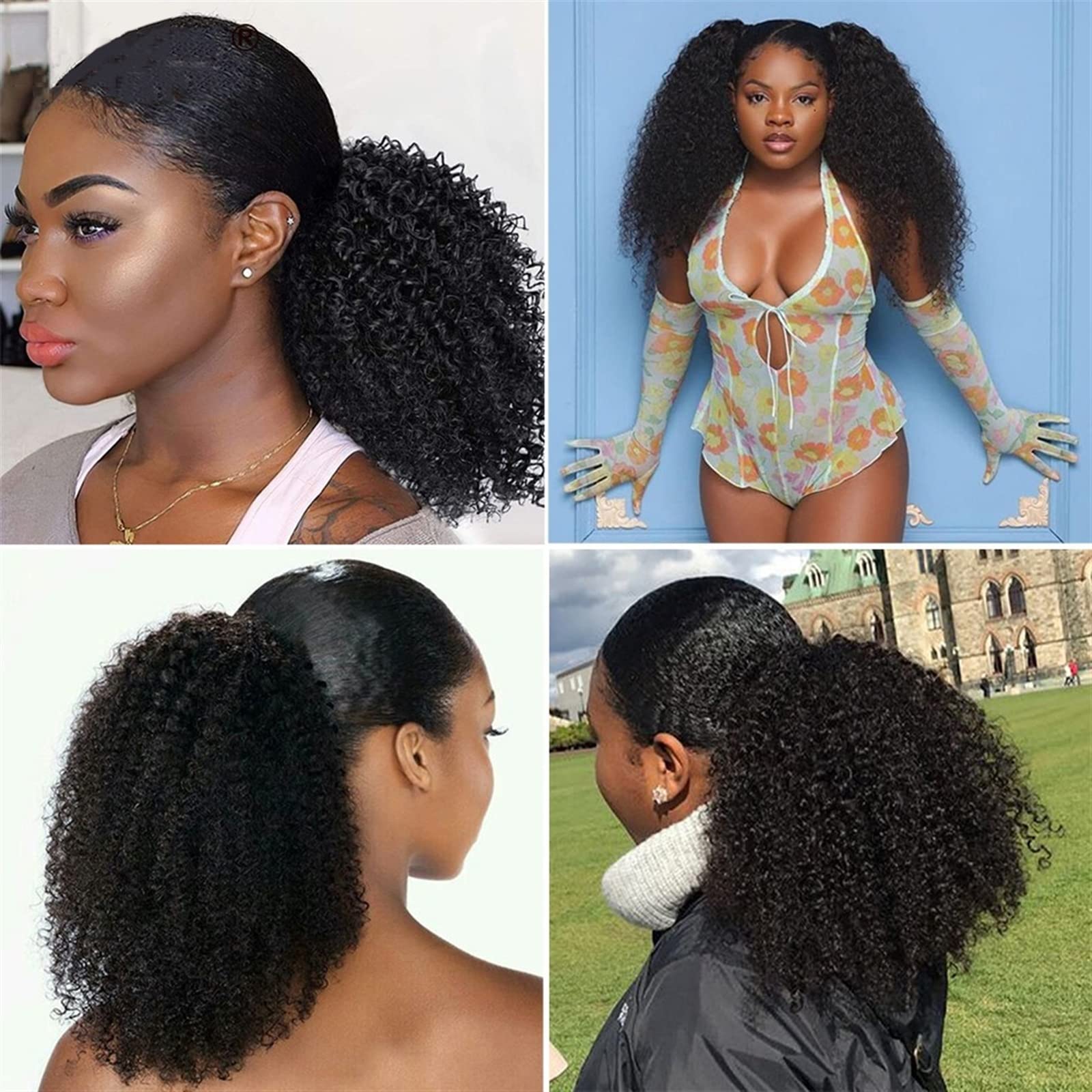 Piezas de Pelo de Moño Para mujer 1 paquete de extensión de cola de caballo con cordón ondulado rizado, horquilla brasileña, peluca de cola de caballo, moño de cola de caballo con cordón negro Natural