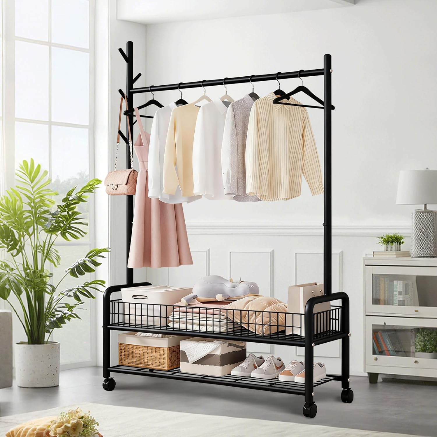 Clothes Rack with Storage Shelves, Heavy - Duty Garment Rack with Wheels for Bedroom, Living Room, Laundry Room Organization