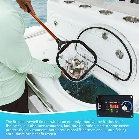 Briidea 12V Smart Livewell Aerator Timer with LED Screen, Auto/Manual Modes, Waterproof Corrosion-Resistant Metal Panel, Precise Oxygen Control in Fishing Boats & Bait Tanks
