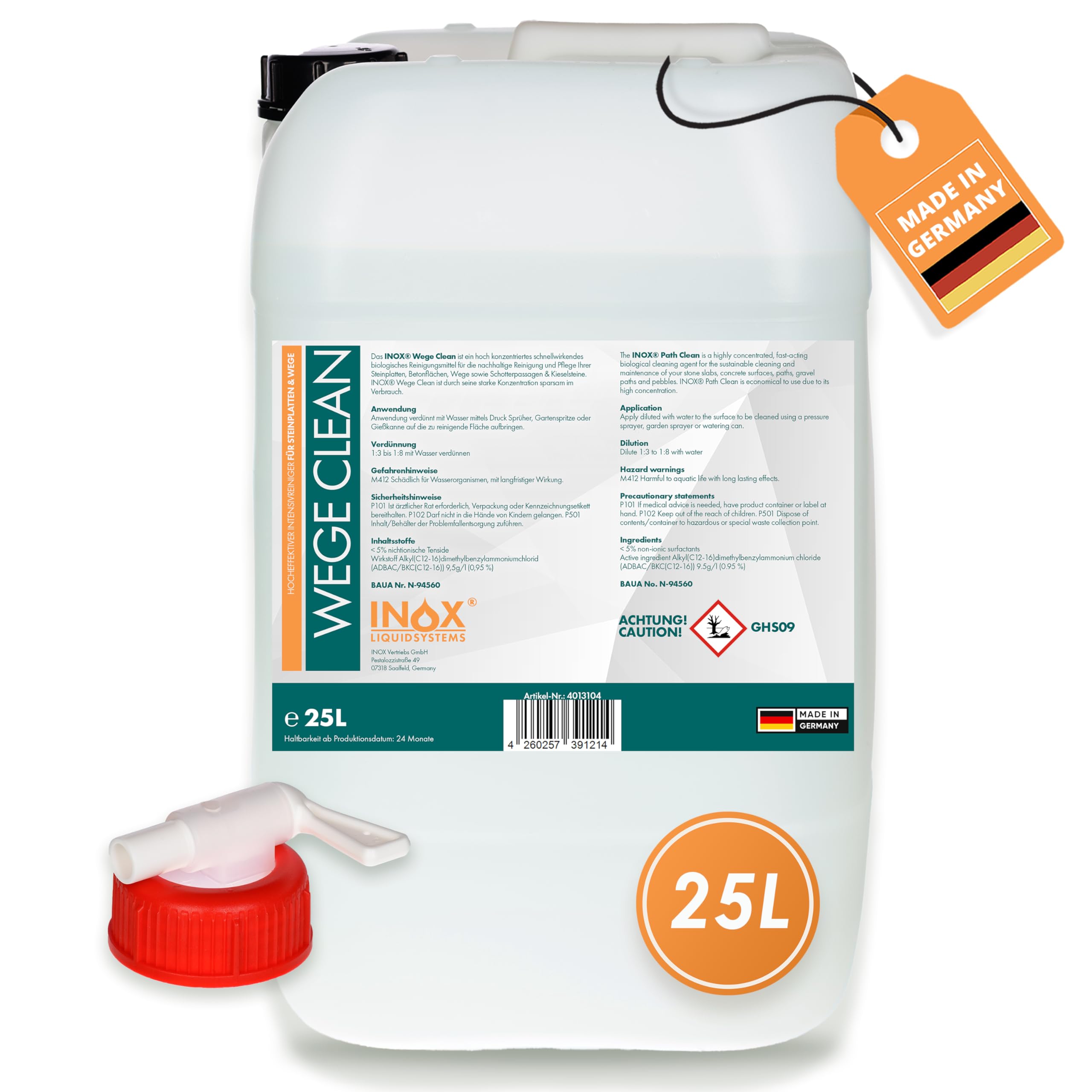 INOX® - Effektives Wege Clean Steinreiniger 25L | Intensiv außen | Grünbelagentferner, Algen-, Flechten- & Moosentferner | Reinigt Stein, Beton, Fliesen & Fassaden
