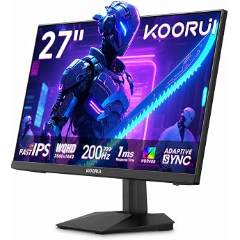 KOORUI Gaming Monitor 27 inch WQHD 2560x1440 200Hz 1ms OD Fast IPS Panel sRGB 100% DCI-P3 95%/HDR400/Adaptive Sync/HDMI 2.0*2/DP1.4*1/VESA 75*75mm Compatible G2721P